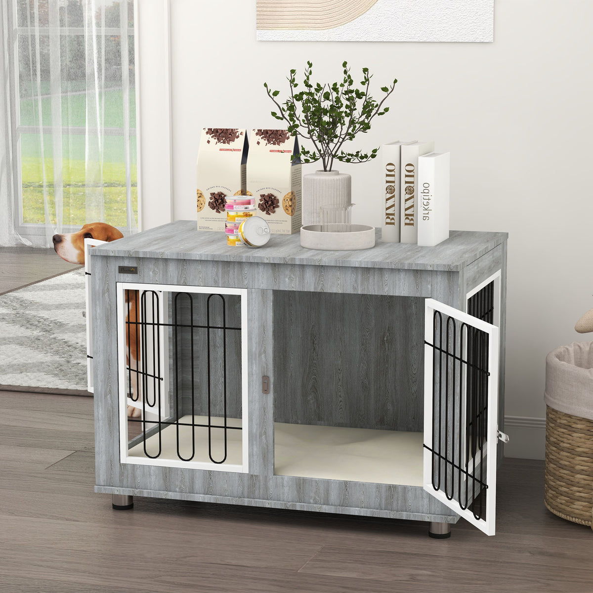 PawHut Hundekäfig Hundebox waschbares Polster, 2 Verriegelungen, 90 cm x 58 cm x 65 cm, Grau