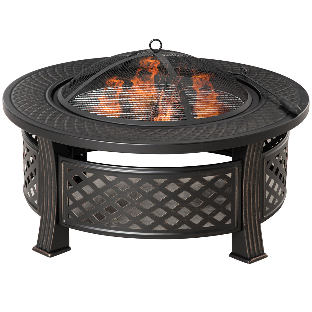 Outsunny Feuerschale mit Schürhaken Funkenschutz Feuerkorb Feuertisch rund Feuerstelle für Garten Camping BBQ Stahl Schwarz 81 x 81 x 50 cm