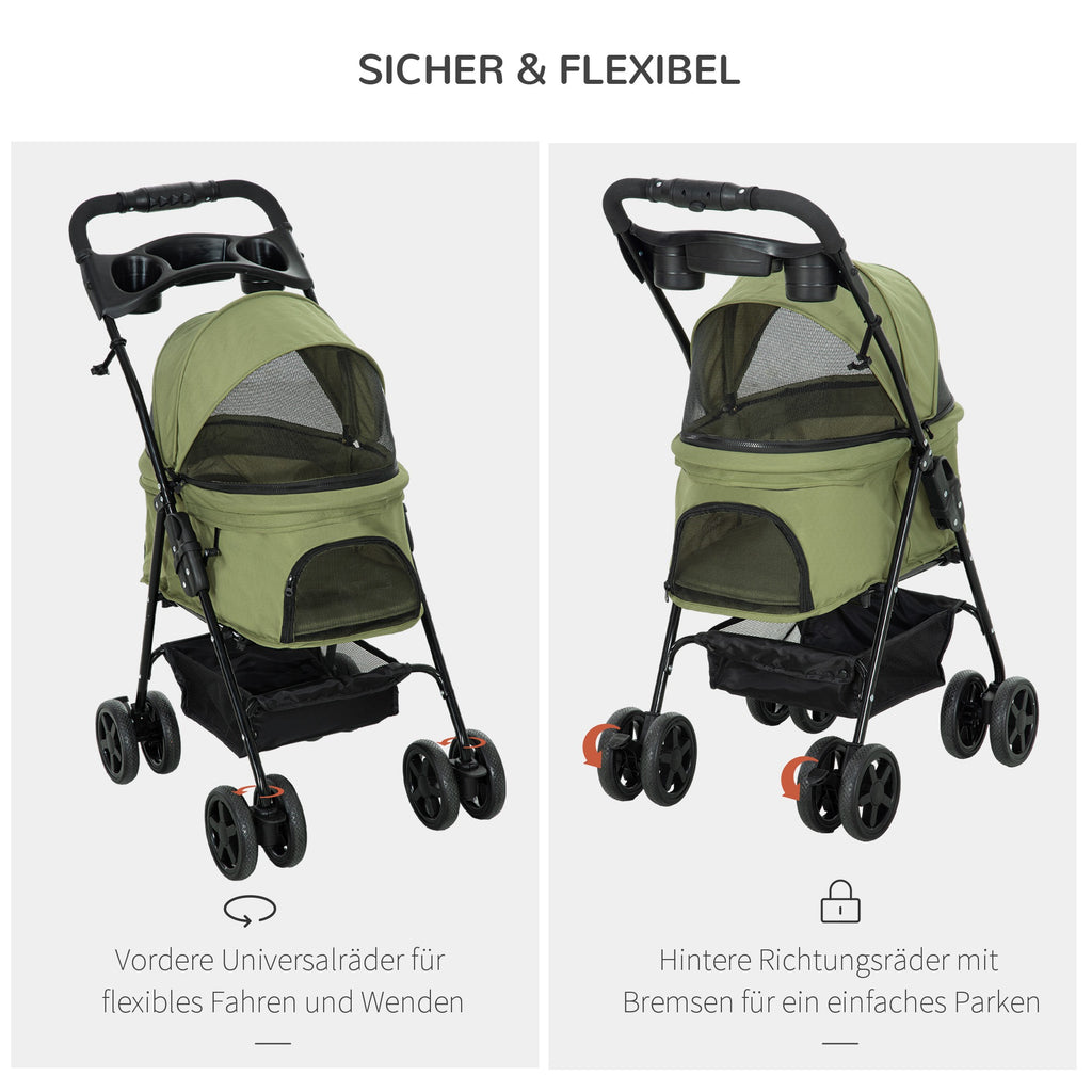 PawHut Hundewagen Hundebuggy, klappbar, 2 Sicherheitsleinen, 2 Becherhalter,  67 x 45 x 96 cm, Khaki