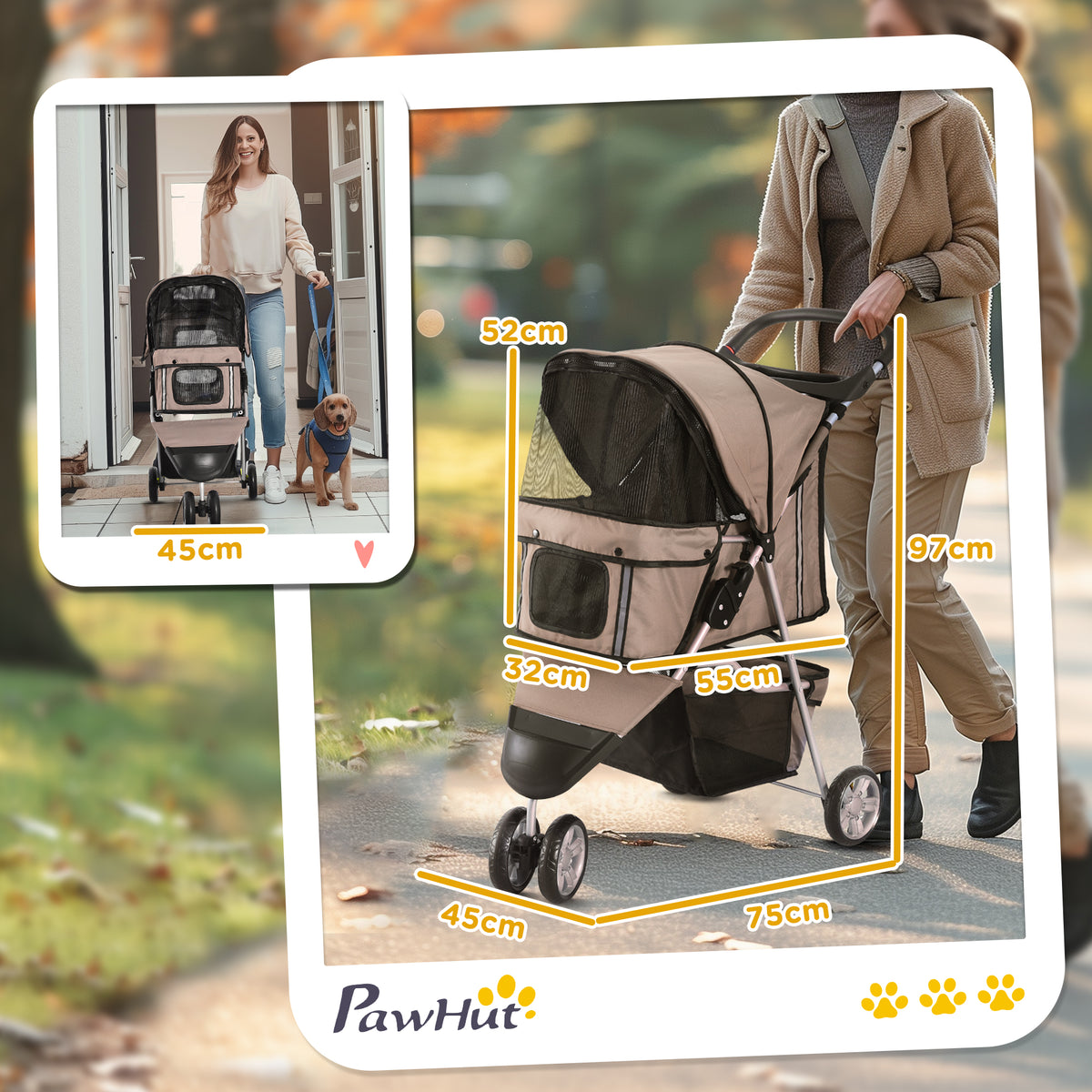PawHut Hundebuggy Hundewagen bis 10 kg Klappbar Bodenkorb 2 Becherhalter verstellbares Vordach Kaffeebraun
