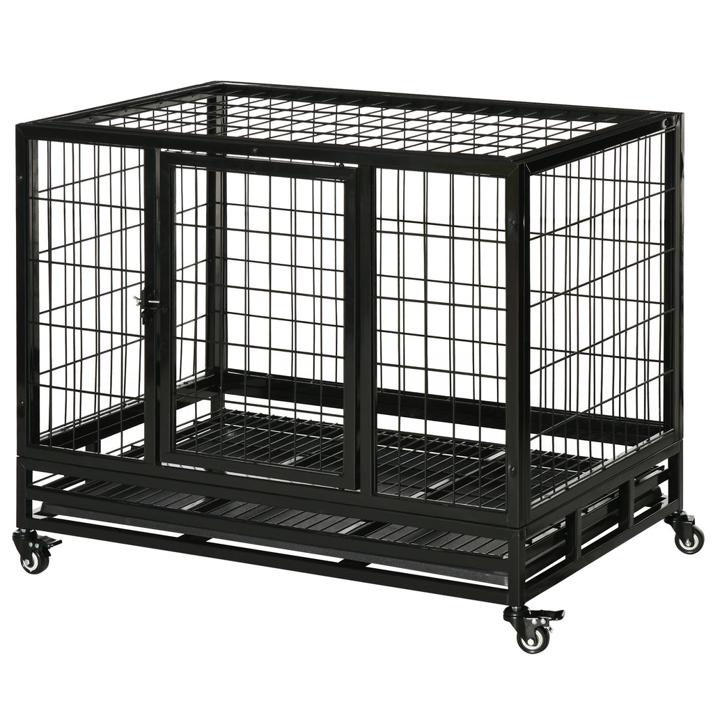 PawHut Käfig für Hunde Tierkäfig Transportkäfig auf Rädern 2 abschließbare Türen herausnehmbares Tablett 92 x 62 x 75 cm schwarz