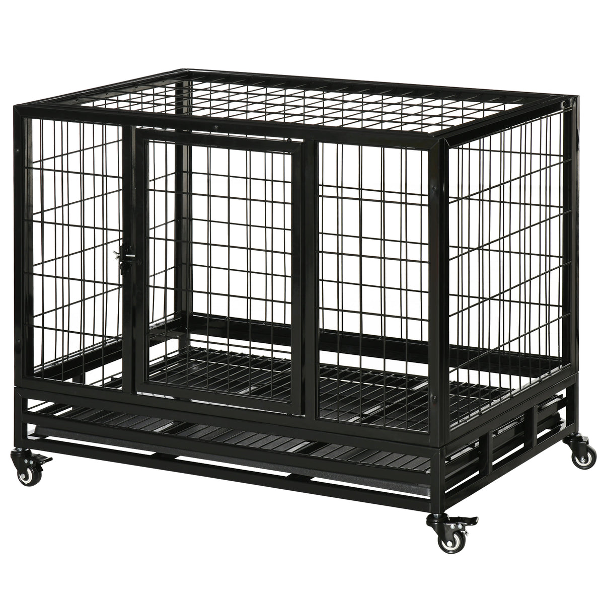 PawHut Käfig für Hunde Tierkäfig Transportkäfig auf Rädern 2 abschließbare Türen herausnehmbares Tablett 92 x 62 x 75 cm schwarz