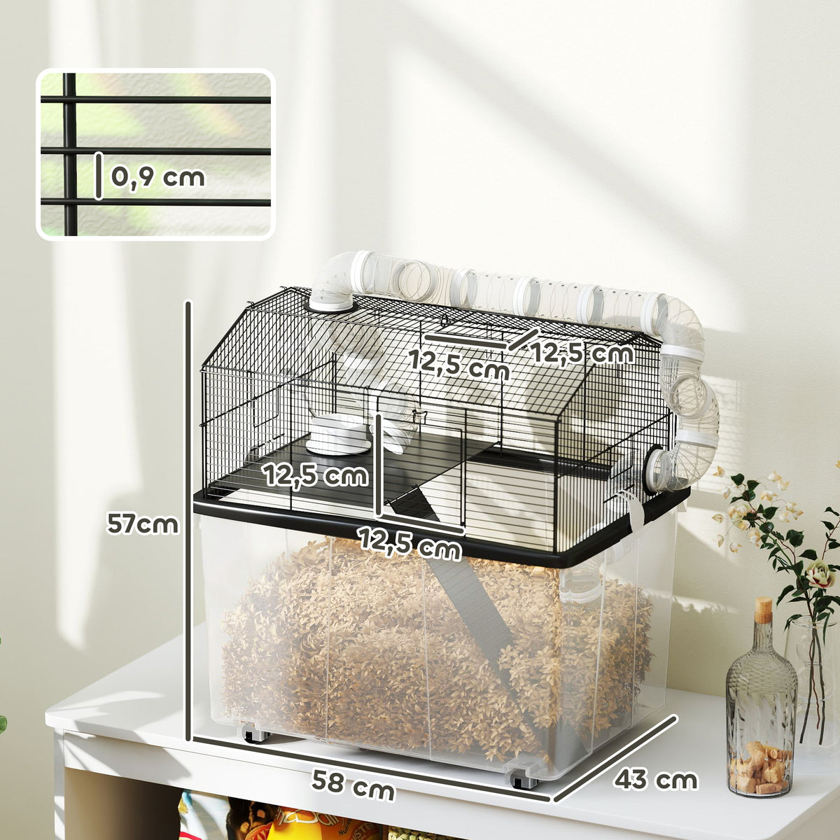 PawHut Tragbarer Hamsterkäfig Hamsterkäfig mit Rampe, Futternapf, Trinkflasche, Rohrsystem 58 x 43 x 57 cm Schwarz