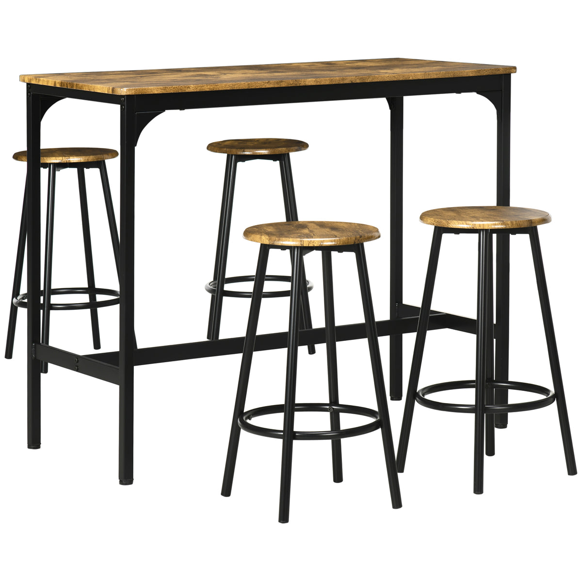 HOMCOM 5-tlg. Bartisch-Set im Industriedesign, 1 Bartisch, 4 Barhocker, Sitzgruppe, Küchentresen, Schwarz + Braun