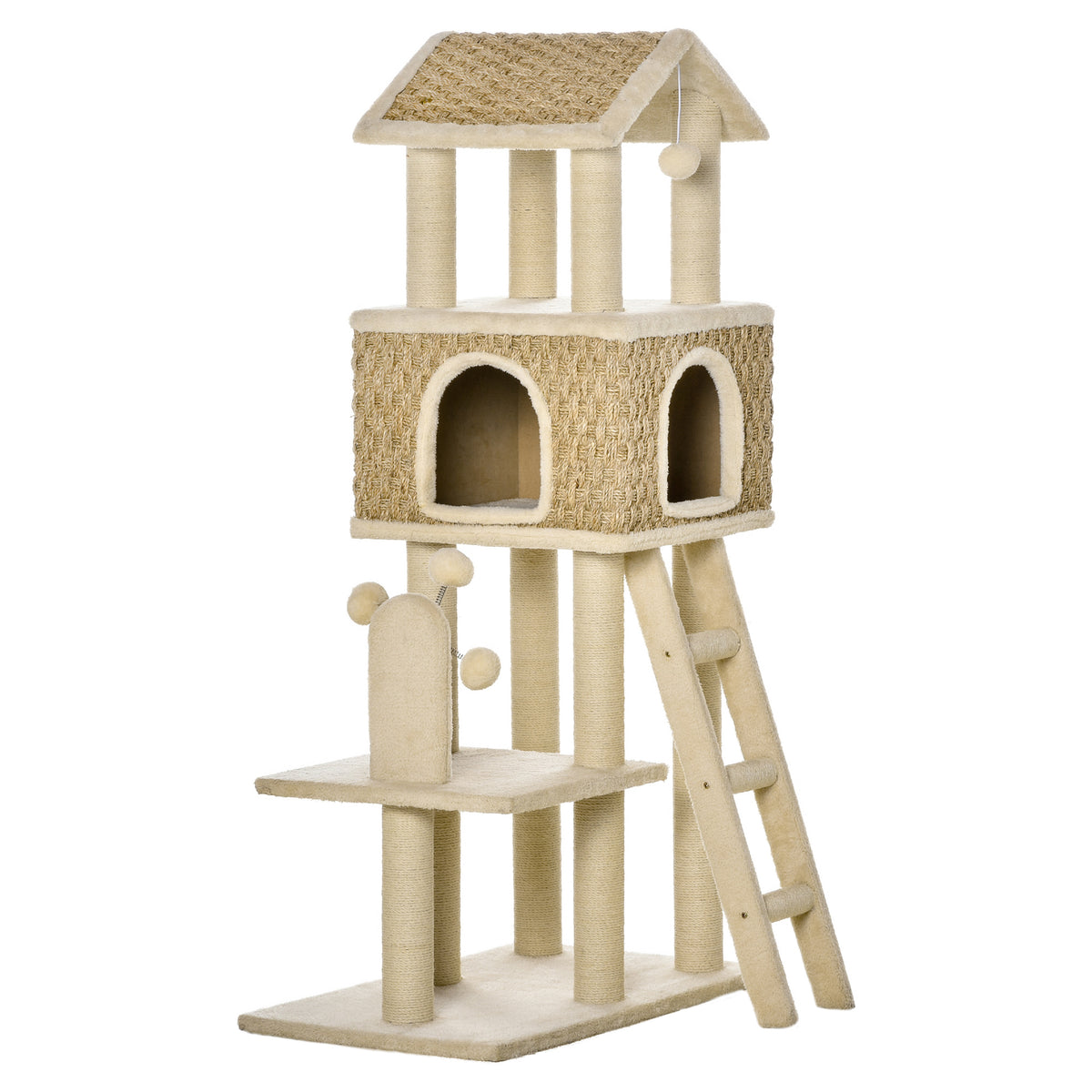 PawHut mit Katzenhöhle inkl. Spielzeug  Sisal Plüsch Khaki + Beige + Kaffee
