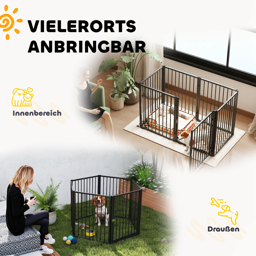 PawHut Welpenauslauf, Hundeauslauf, Welpengehege, 6 Paneele mit Tür, faltbarer und tragbarer Hundezaun, Stahl, Schwarz