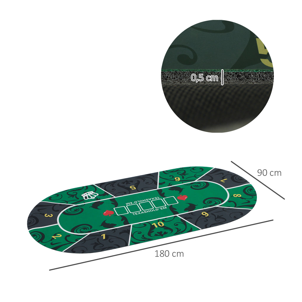 SPORTNOW Pokertischdeck, Pokertischauflage für bis zu 10 Spieler, inkl. Transporttasche, 180 x 90 x 0,5 cm, grün und schwarz