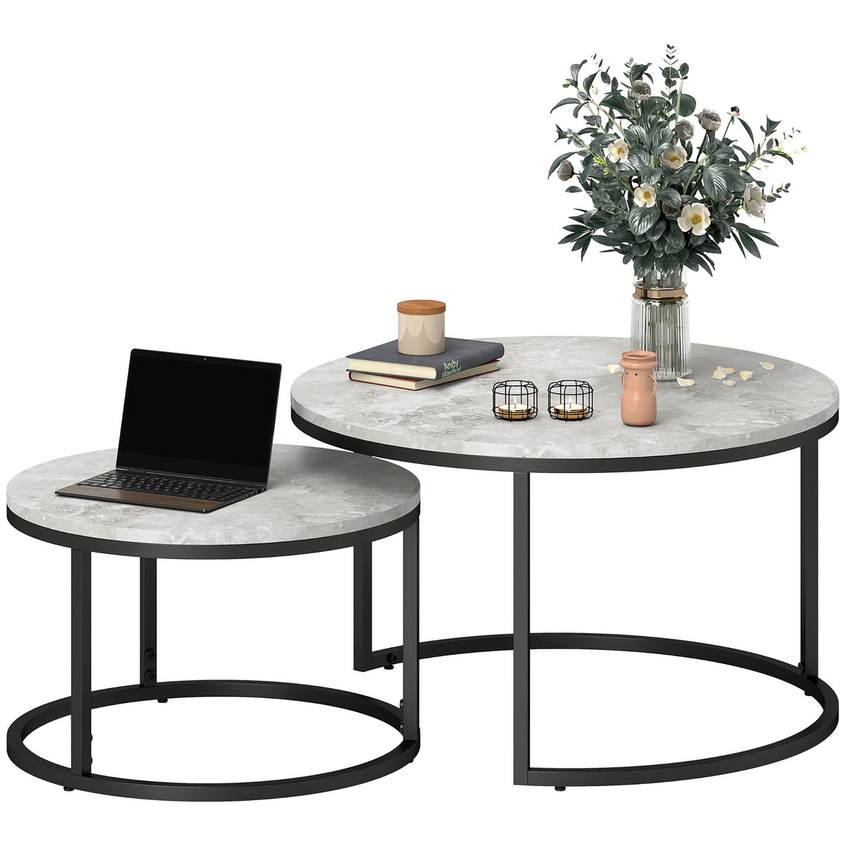 HOMCOM Couchtisch-Set, 2 runde Satztische, Industriedesign, Metallgestell, Betonoptik/Schwarz