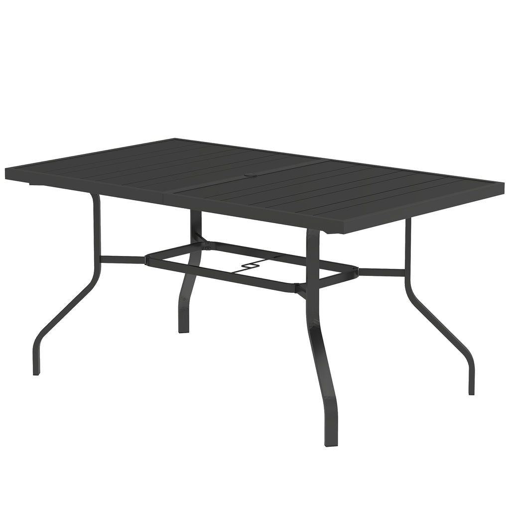 Outsunny Gartentisch 152x90 cm, Wetterfest Balkontisch aus Stahl, Beistelltisch mit Schirmloch, Latten-Design Schwarz
