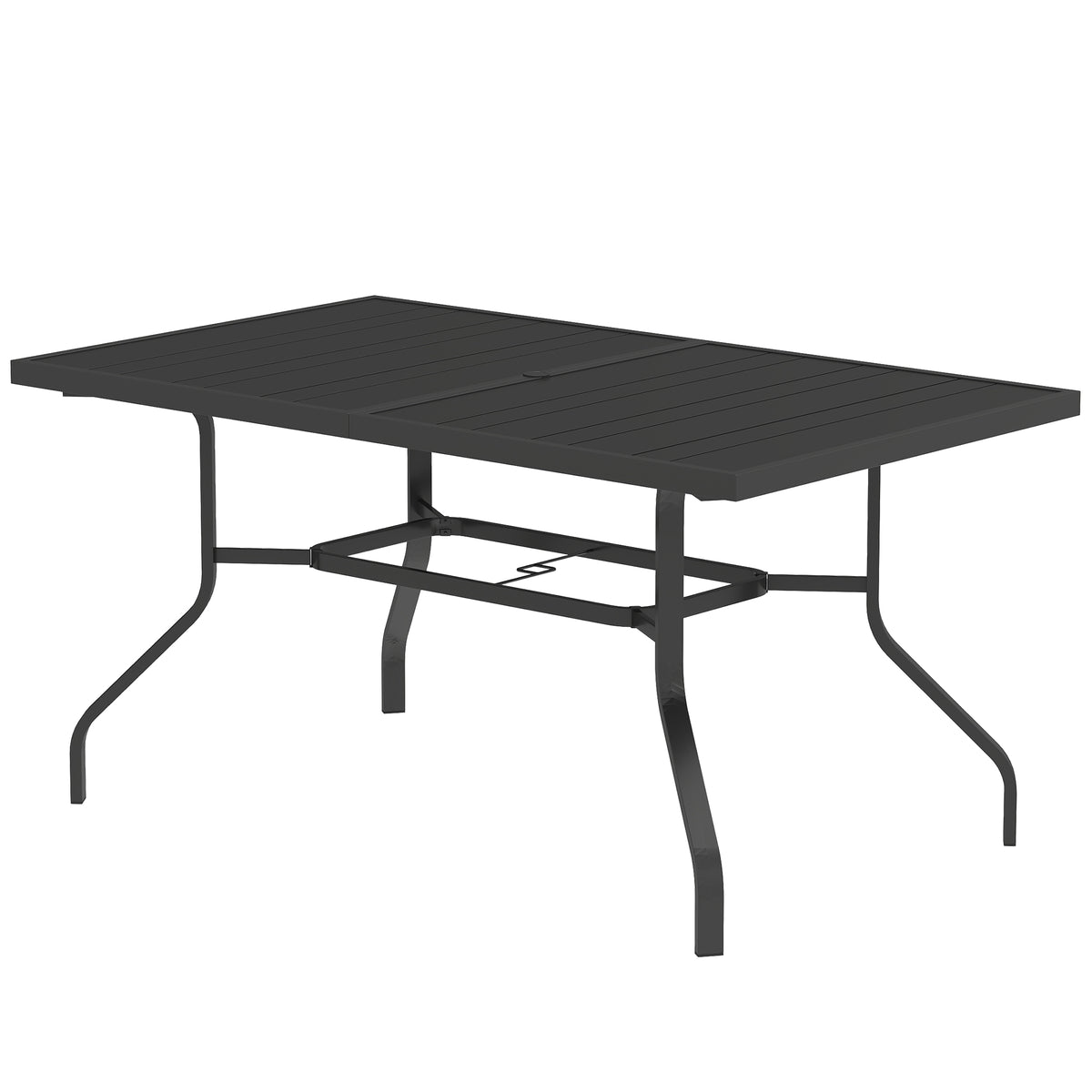 Outsunny Gartentisch 152x90 cm, Wetterfest Balkontisch aus Stahl, Beistelltisch mit Schirmloch, Latten-Design Schwarz