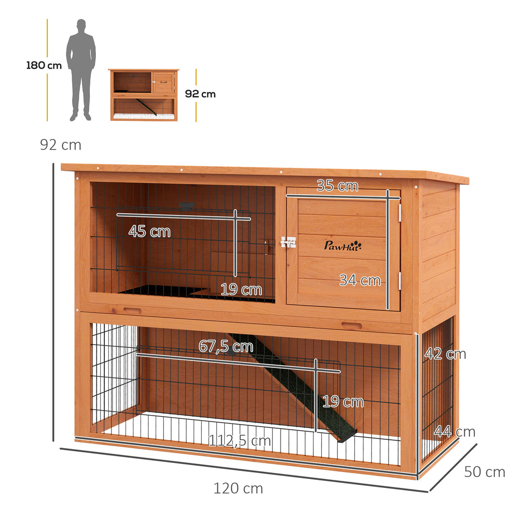 PawHut Kaninchenstall aus Holz 2 Etagen mit 3 Türen herausziehbare Schublade Rampe Bitumendach 120 x 50 x 92 cm Orange