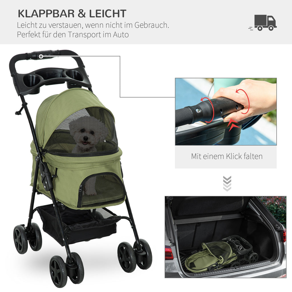 PawHut Hundewagen Hundebuggy, klappbar, 2 Sicherheitsleinen, 2 Becherhalter,  67 x 45 x 96 cm, Khaki