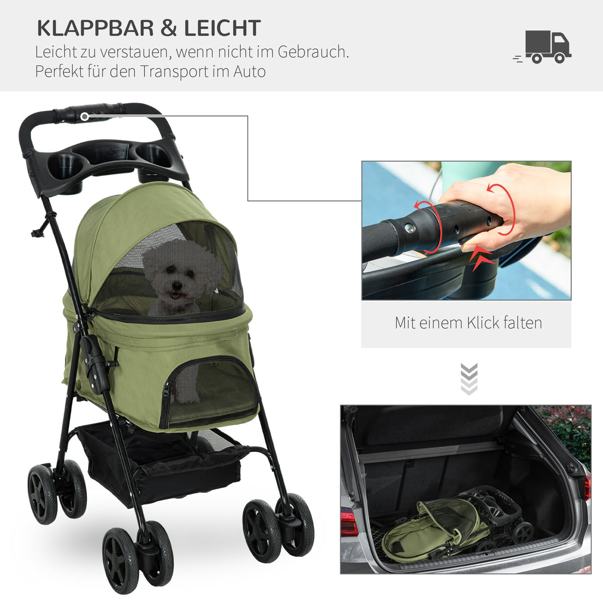 PawHut Hundewagen Hundebuggy, klappbar, 2 Sicherheitsleinen, 2 Becherhalter,  67 x 45 x 96 cm, Khaki