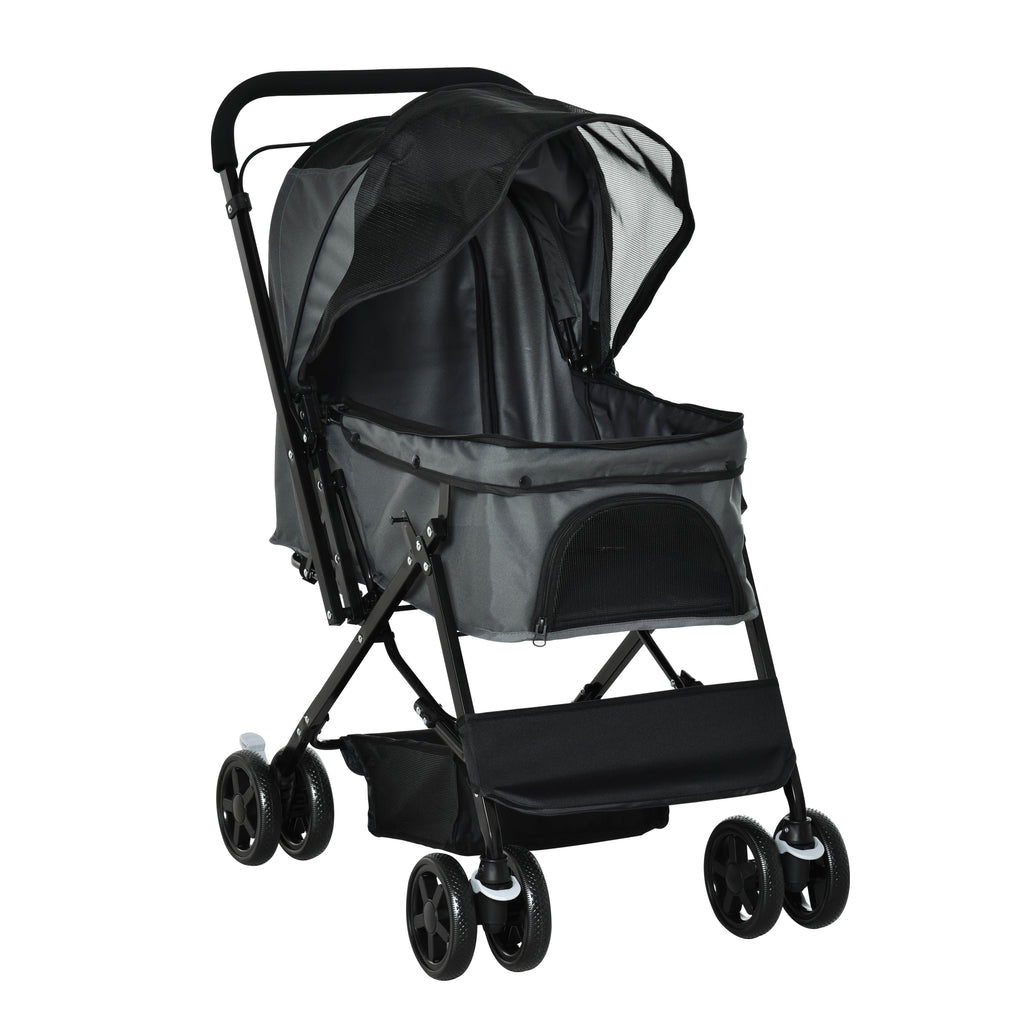 PawHut Hundebuggy Hundewagen bis 10 kg Klappbar Netzfenster Ablagekorb verstellbares Vordach Dunkelgrau 76,5 x 52 x 95 cm