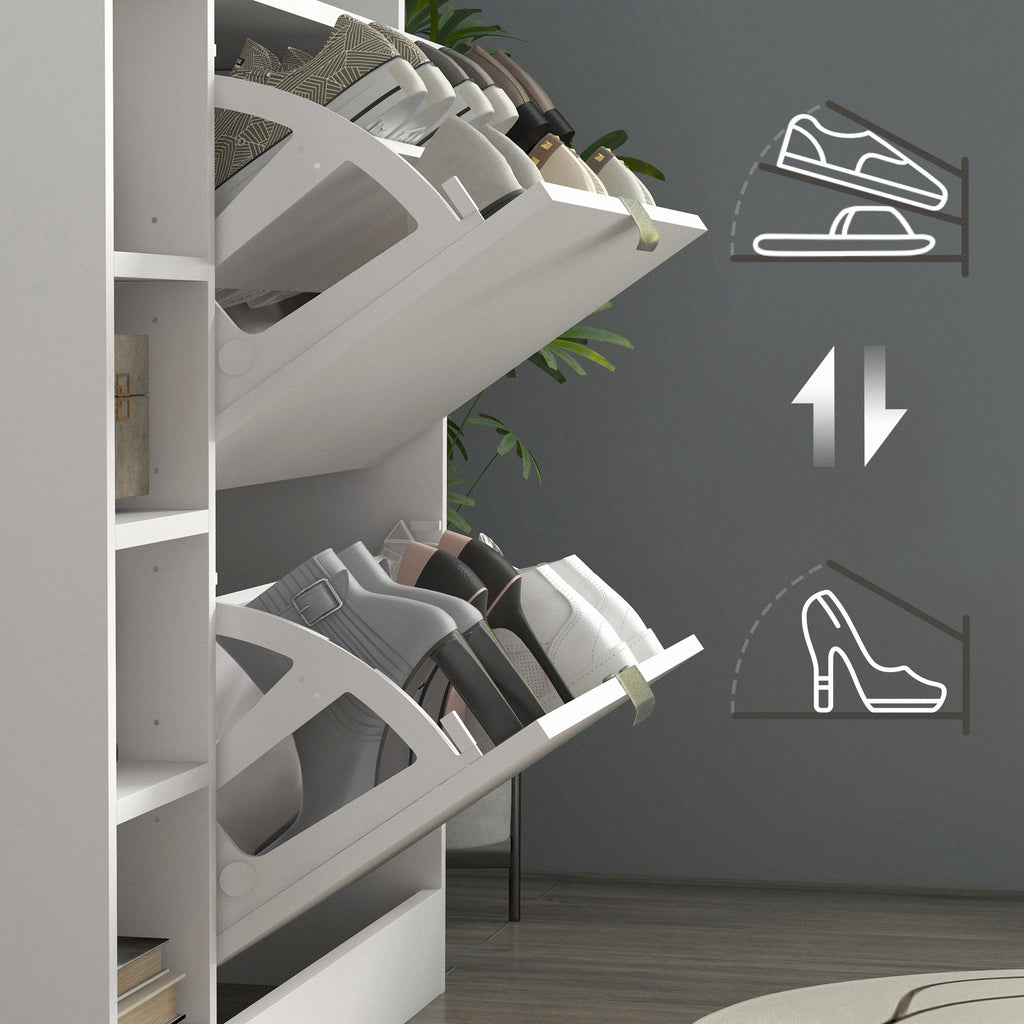 HOMCOM Schuhschrank mit 2 kippbaren Schubladen für 12 Paare, Glasplatte und verstellbare Regale, 89 x 25 x 92 cm, weiß