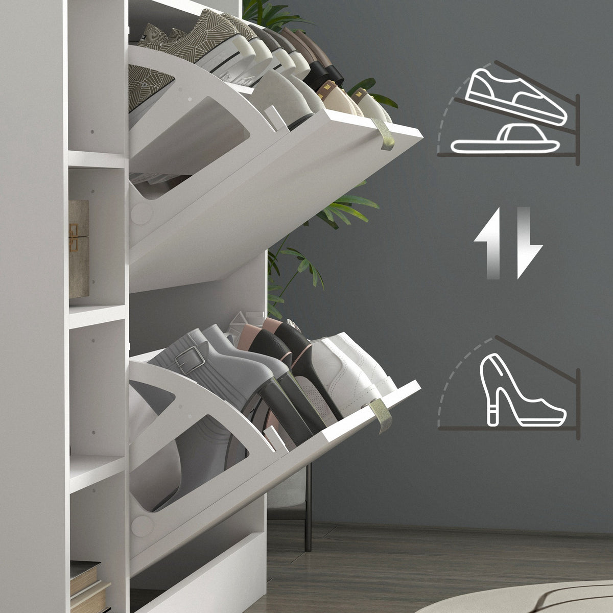 HOMCOM Schuhschrank mit 2 kippbaren Schubladen für 12 Paare, Glasplatte und verstellbare Regale, 89 x 25 x 92 cm, weiß