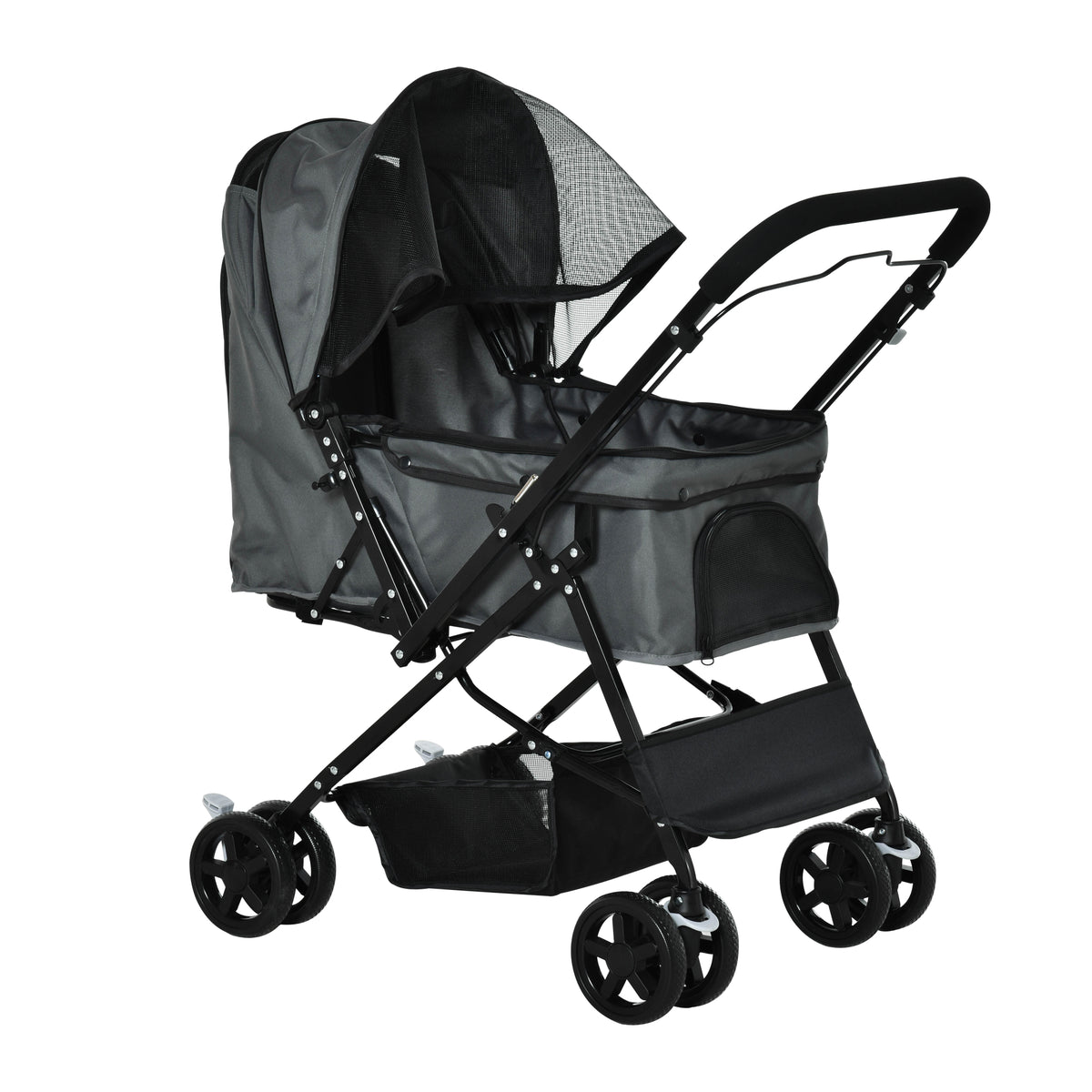 PawHut Hundebuggy Hundewagen bis 10 kg Klappbar Netzfenster Ablagekorb verstellbares Vordach Dunkelgrau 76,5 x 52 x 95 cm