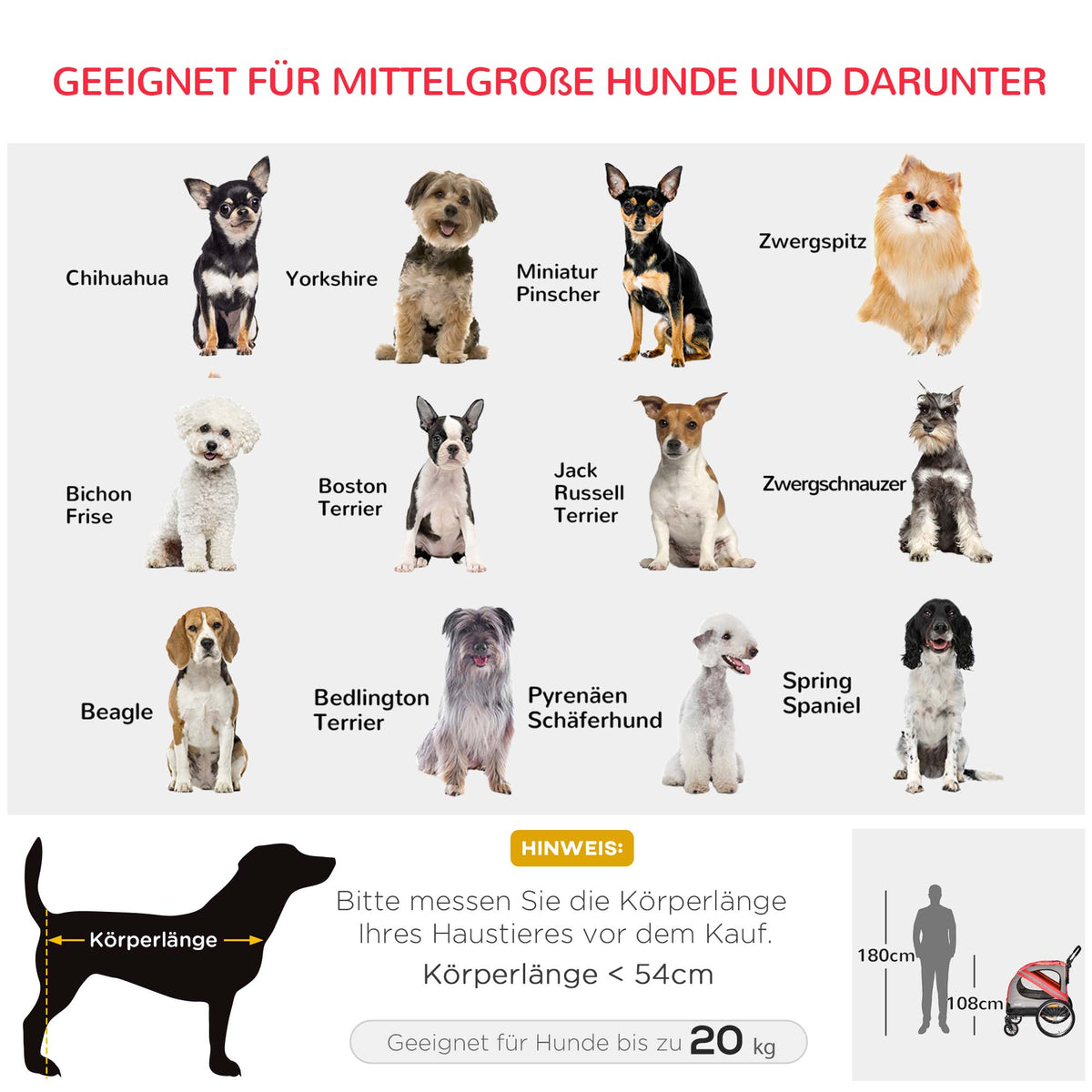 PawHut 2-in-1 Hundeanhänger Hundebuggy bis 20kg Sicherheitsleine Reflektoren Flagge Zustange 140 cm x 72, 5 cm x 108 cm Rot