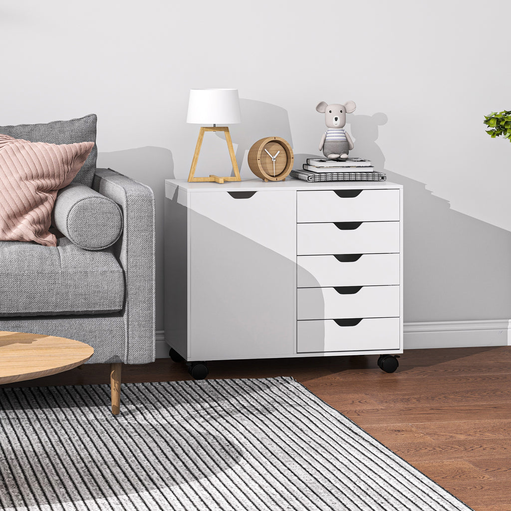 HOMCOM Büroaufbewahrungsmöbel 5 Schubladen 1 Tür verstellbares Regal, Druckerständer auf Rollen, 78x40x66,5 cm, weiß