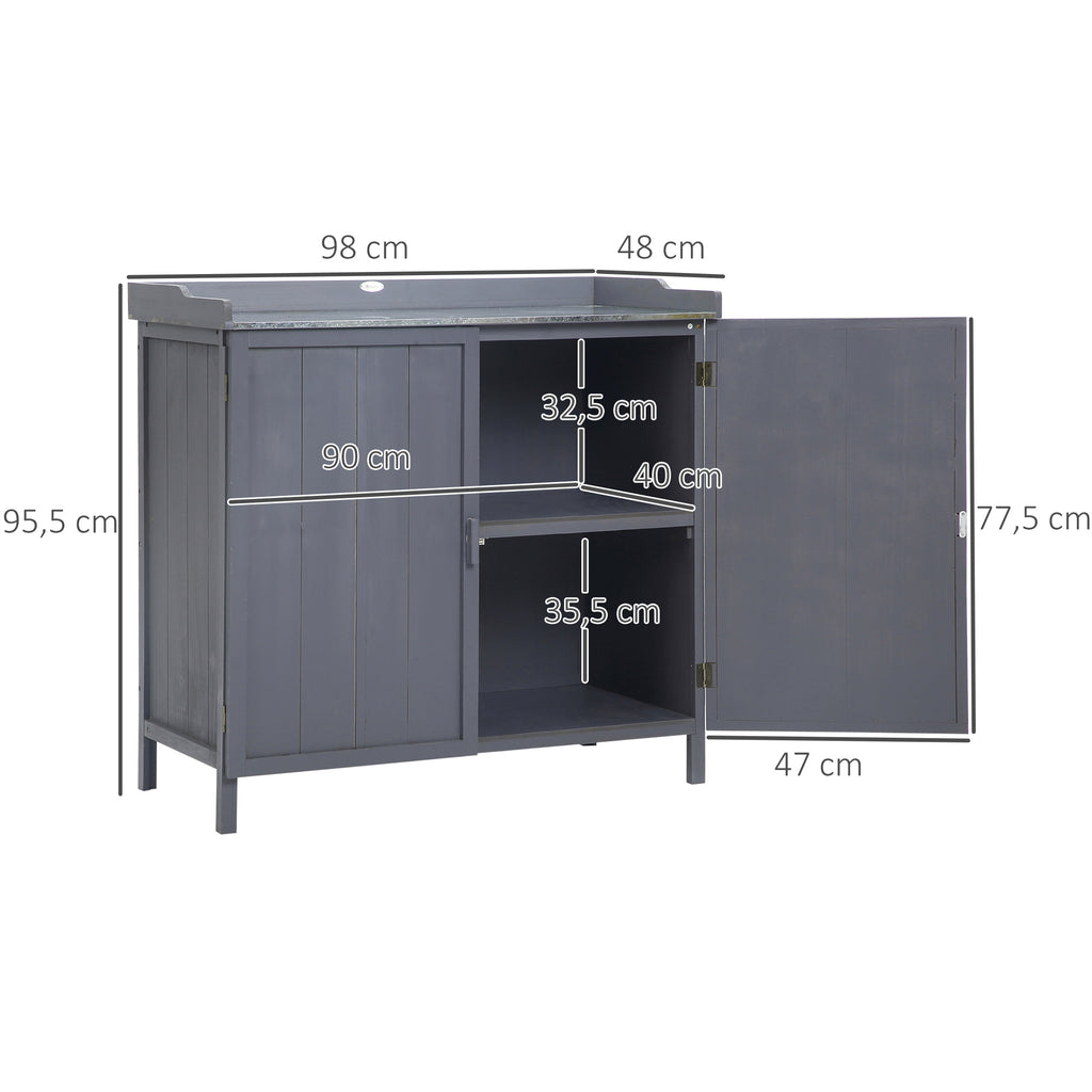 Outsunny Freistehender Gartenschrank-Pflanztisch-Kombination Doppeltür, Regal, verzinkte Metallplatte - grau