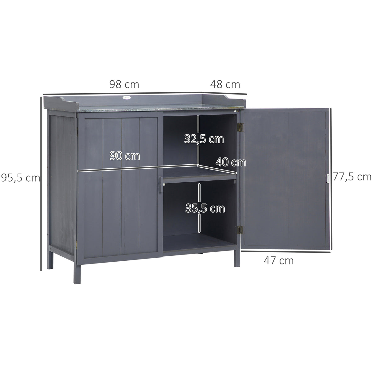Outsunny Freistehender Gartenschrank-Pflanztisch-Kombination Doppeltür, Regal, verzinkte Metallplatte - grau