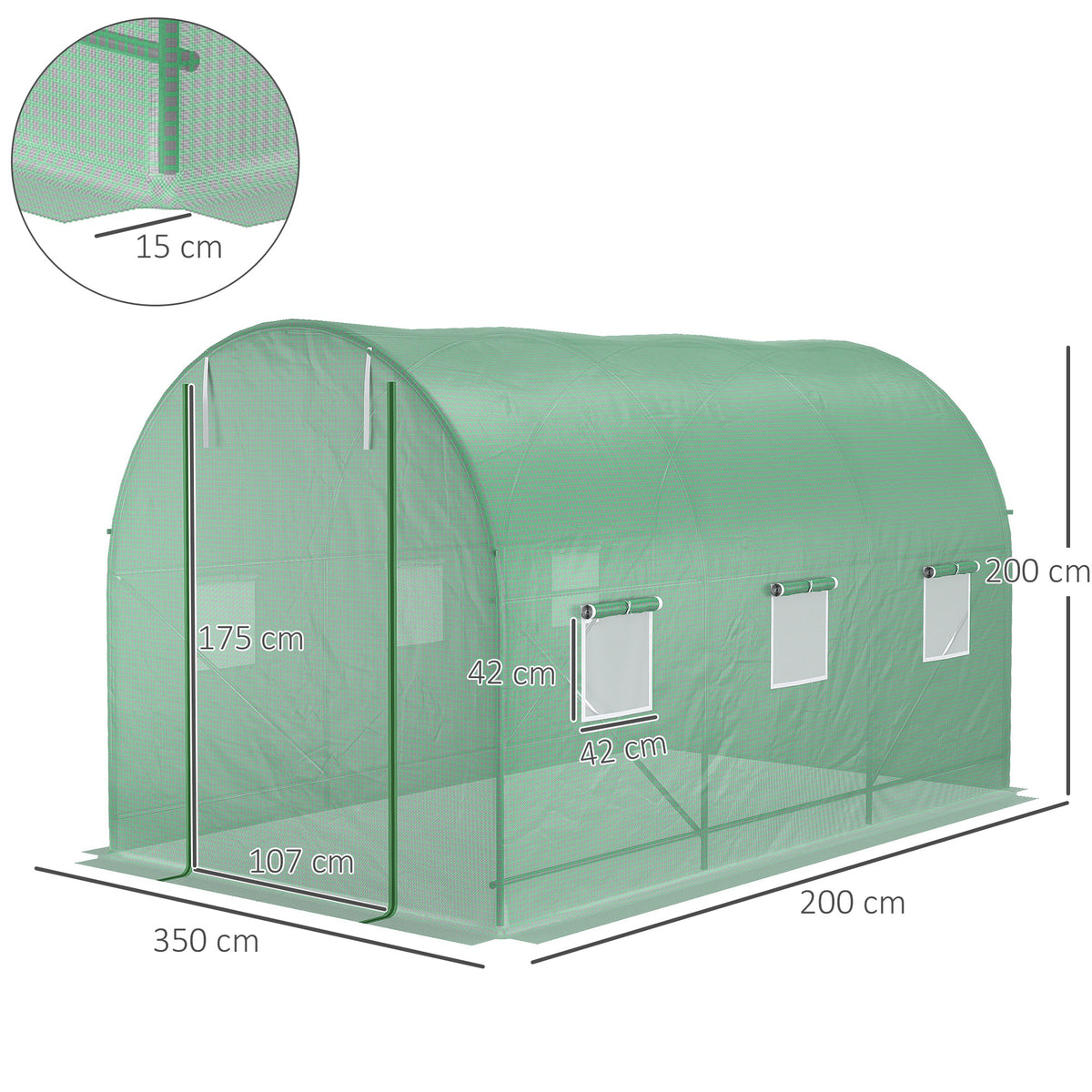 Outsunny Gewächshaus 350x200x200cm Foliengewächshaus Tomatenhaus Tür mit Moskitonetz, Fenster, Folientunnel aus verzinktem Stahl, stabiles Pflanztunnel, Treibhaus inkl. Erdanker Seilen, Grün