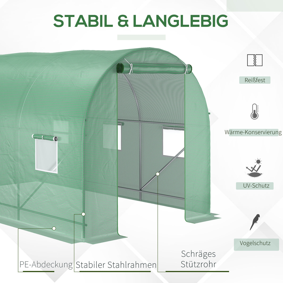 Outsunny Gewächshaus 350x200x200cm Foliengewächshaus Tomatenhaus Tür mit Moskitonetz, Fenster, Folientunnel aus verzinktem Stahl, stabiles Pflanztunnel, Treibhaus inkl. Erdanker Seilen, Grün