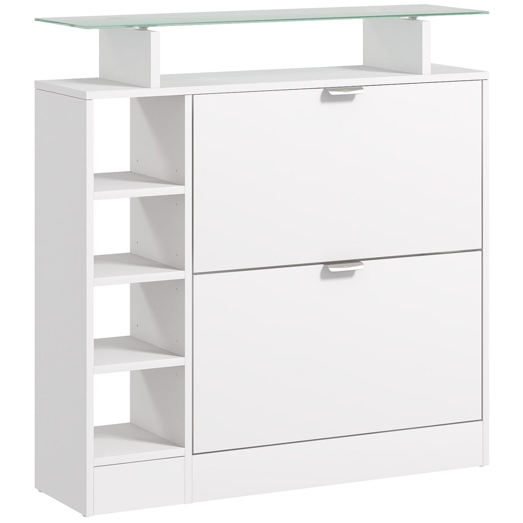 HOMCOM Schuhschrank mit 2 kippbaren Schubladen für 12 Paare, Glasplatte und verstellbare Regale, 89 x 25 x 92 cm, weiß