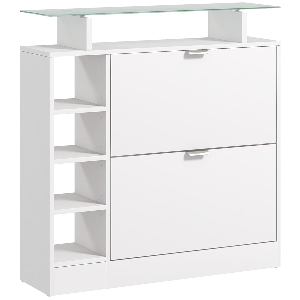 HOMCOM Schuhschrank mit 2 kippbaren Schubladen für 12 Paare, Glasplatte und verstellbare Regale, 89 x 25 x 92 cm, weiß