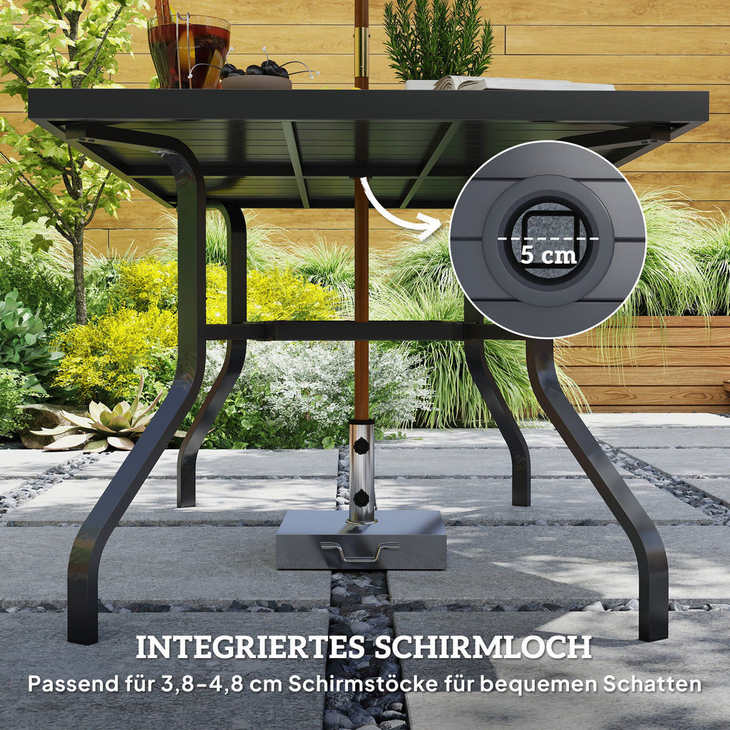 Outsunny Gartentisch 152x90 cm, Wetterfest Balkontisch aus Stahl, Beistelltisch mit Schirmloch, Latten-Design Schwarz