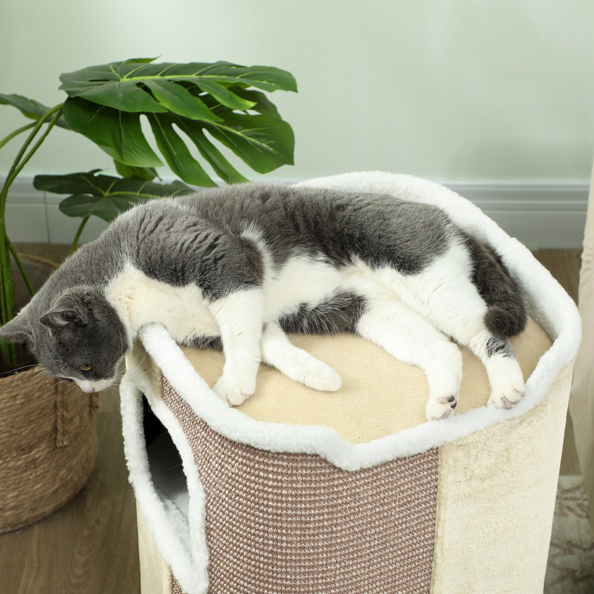 PawHut Kratztonne für Katzen, Katzenbaum, 3 Ebenen, robust, weicher Plüsch, Rückzugsort, Beige
