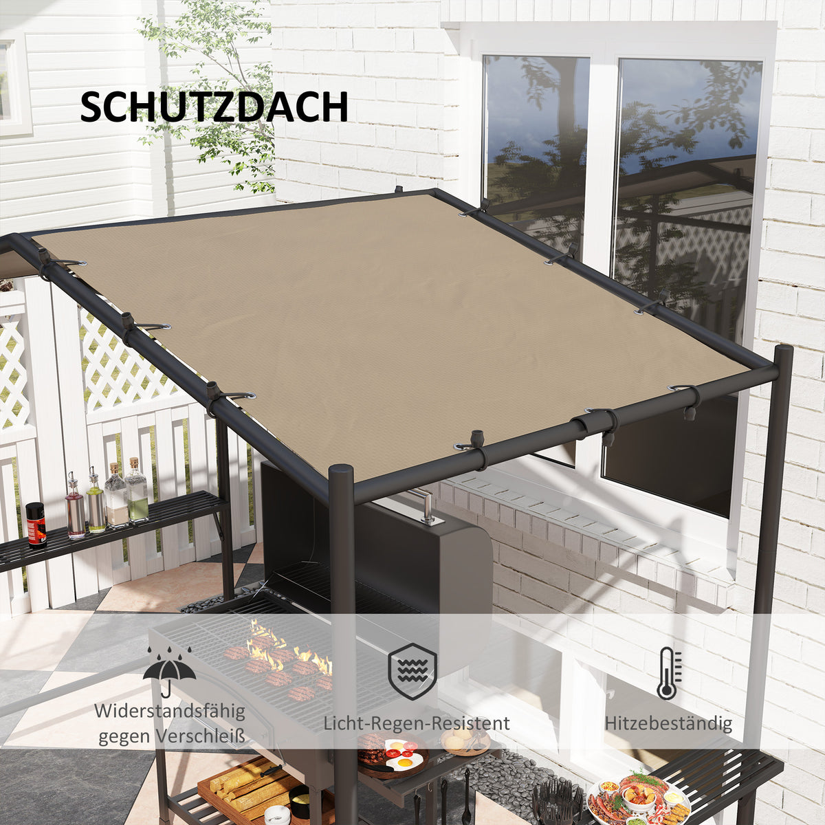 Outsunny Grillzelt Grilldach, wetterbeständig, inkl. Seitentaschen, 277 x 149 x 230 cm, Khaki