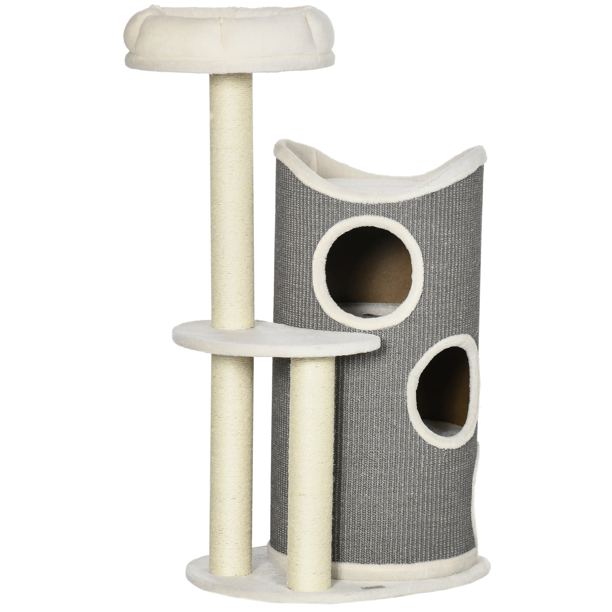 PawHut Kratzbaum mit Katzenbett u. Kratztonne für Katzen, 60 cm x 44,5 cm x 109 cm, Grau + Natur + Weiß