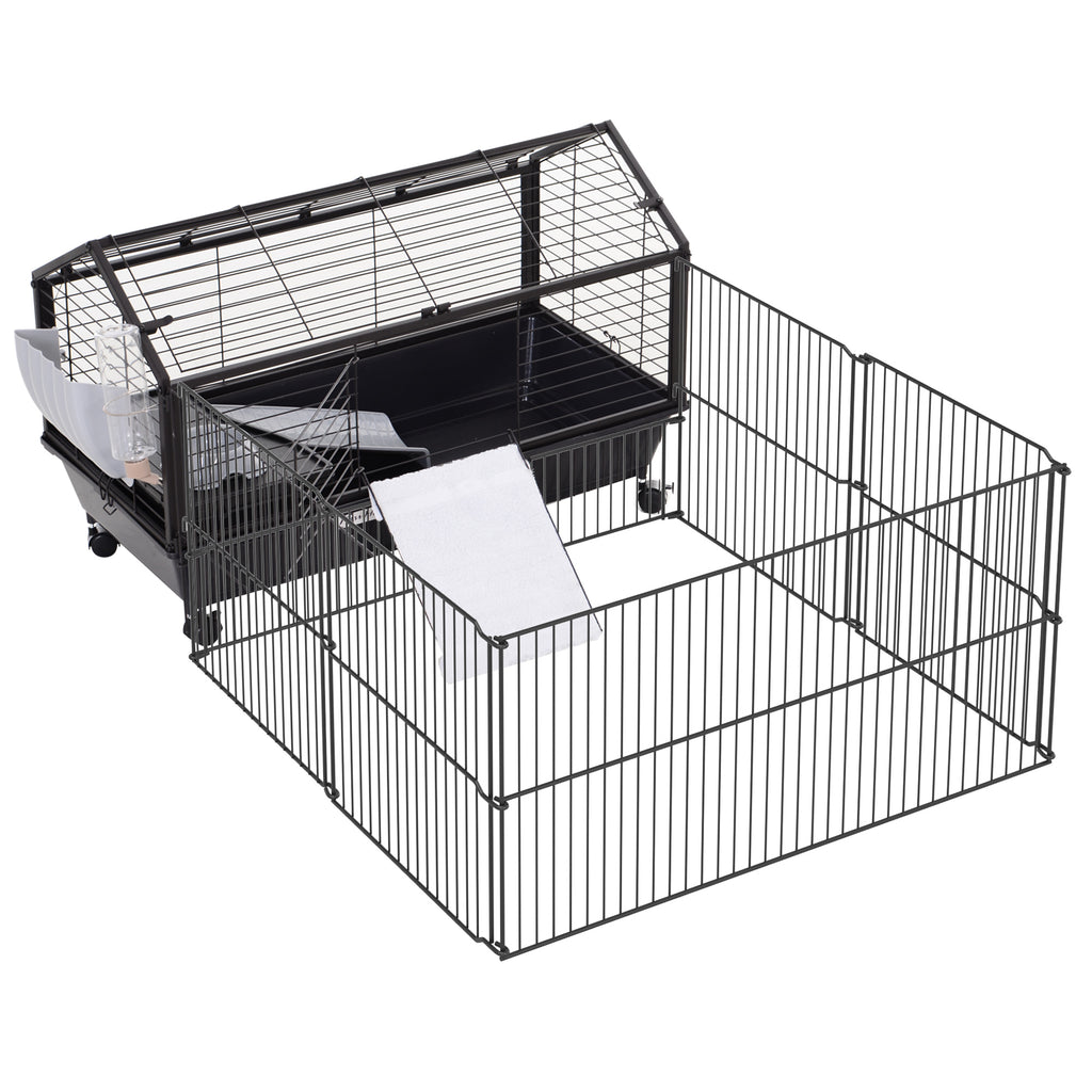 Pawhut Kleintierkäfig mit Freigehege inkl. Zubehör 88 cm x 128,5 cm x 56 cm  4 Rollen Schwarz Metall Polypropylen
