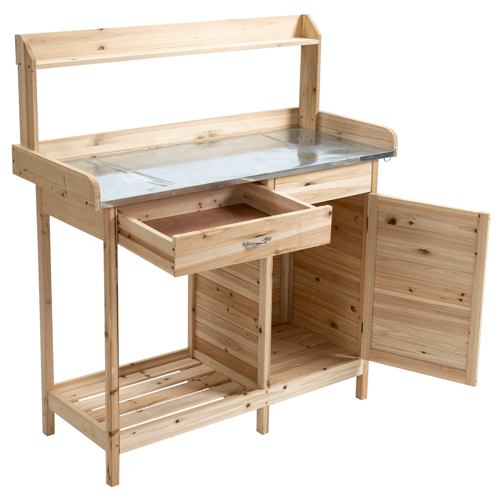 Outsunny Pflanztisch mit verzinkter Arbeitsplatte Gärtnertisch mit Schublade Schrank Garten Arbeitstisch Massivholz Natur 112 x 48 x 125 cm