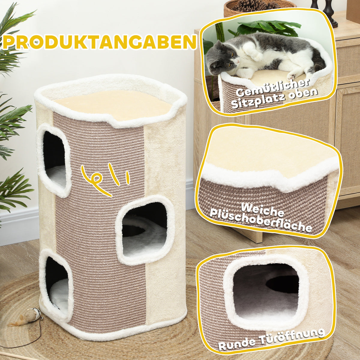 PawHut Kratztonne für Katzen, Katzenbaum, 3 Ebenen, robust, weicher Plüsch, Rückzugsort, Beige