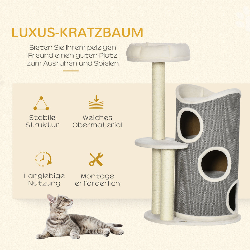 PawHut Kratzbaum mit Katzenbett u. Kratztonne für Katzen, 60 cm x 44,5 cm x 109 cm, Grau + Natur + Weiß