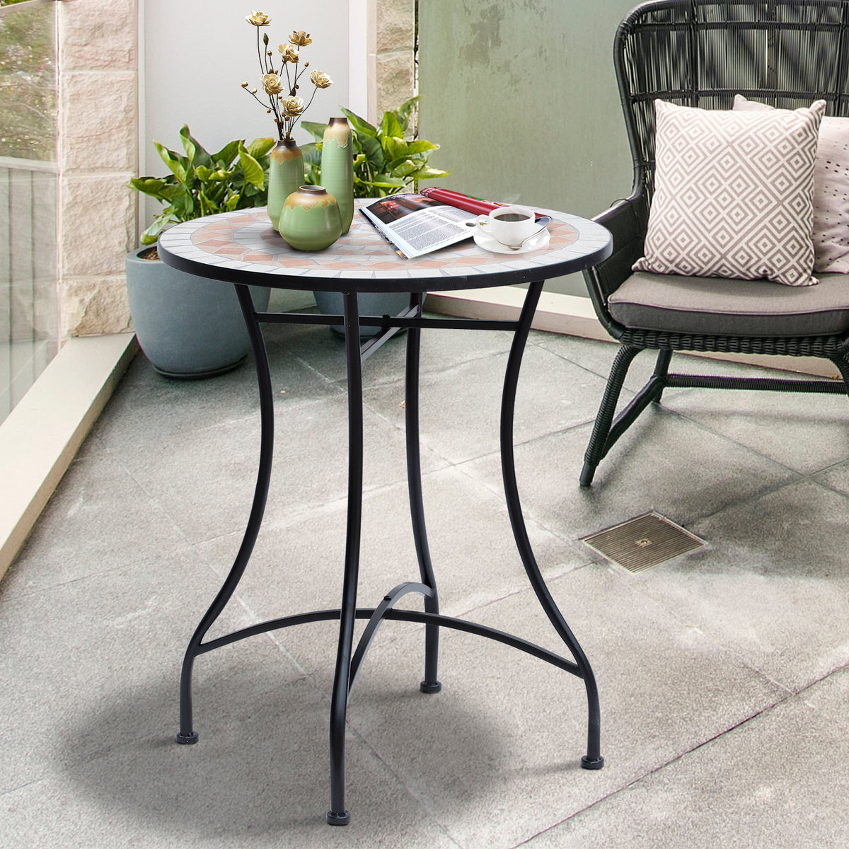 Outsunny Gartentisch Mosaiktisch Balkontisch Beistelltisch Seviertisch rund Stahl + Keramik Orange + Weiß Ø60 x H71 cm