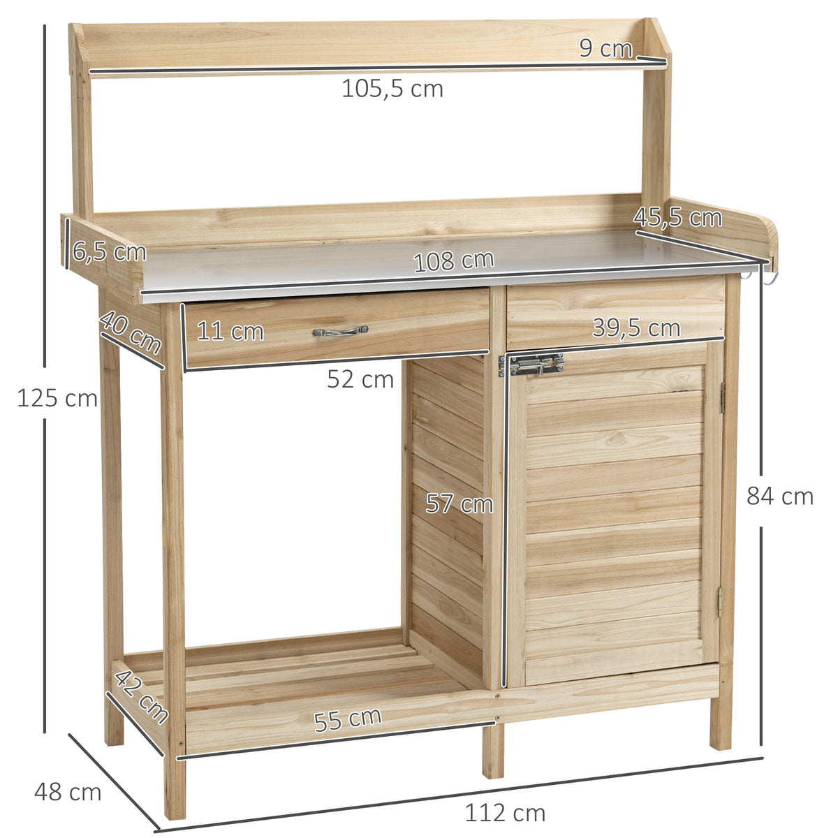 Outsunny Pflanztisch mit verzinkter Arbeitsplatte Gärtnertisch mit Schublade Schrank Garten Arbeitstisch Massivholz Natur 112 x 48 x 125 cm