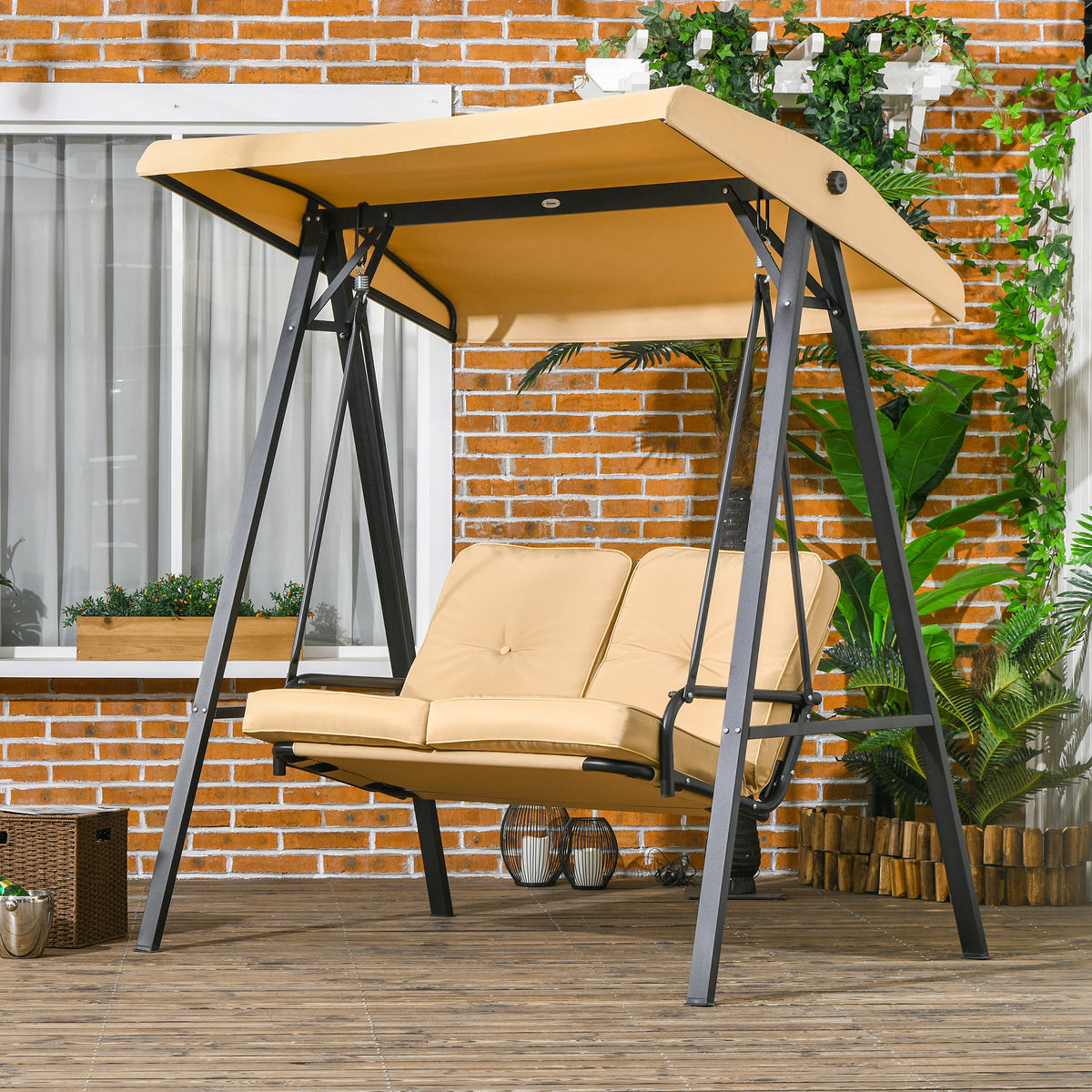 Outsunny Hollywoodschaukel, 2-Sitzer Gartenschaukel mit verstellbarem Dach, bis 220 kg belastbar, 138 x 106 x 174 cm, Beige