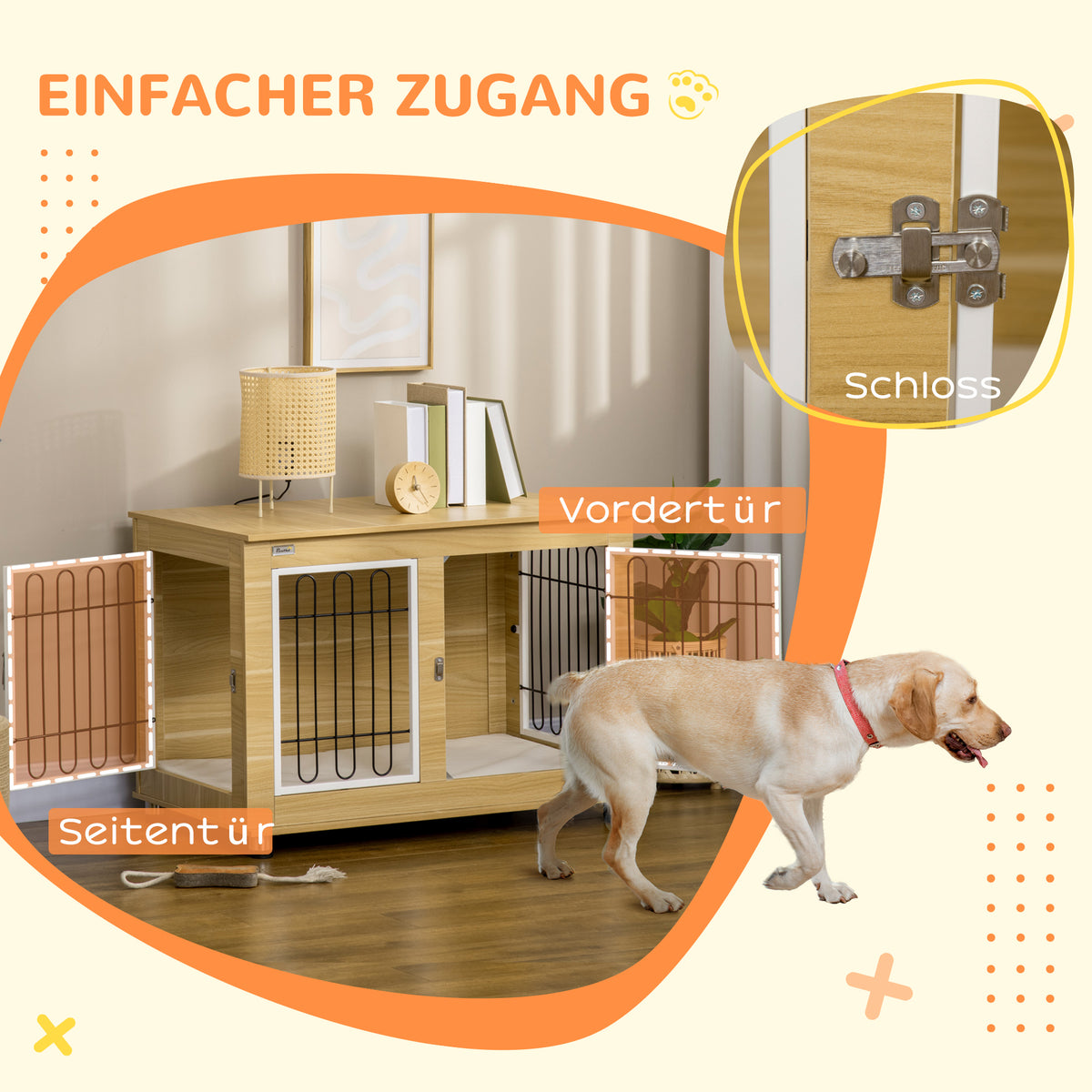 PawHut Hundekäfig, waschbares Kissen, Hundebox, 2 Verriegelungen, 90 cm x 58 cm x 65 cm, Natur + Schwarz + Weiß