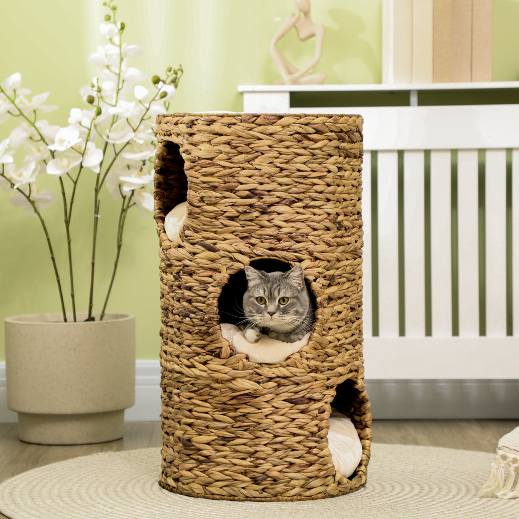 PawHut Katzenhöhle mit 3 Ebenen, 3 Eingänge, Boho-Design, inkl. Kissen, 40 cm x 40 cm x 73 cm, Hellbraun + Cremeweiß