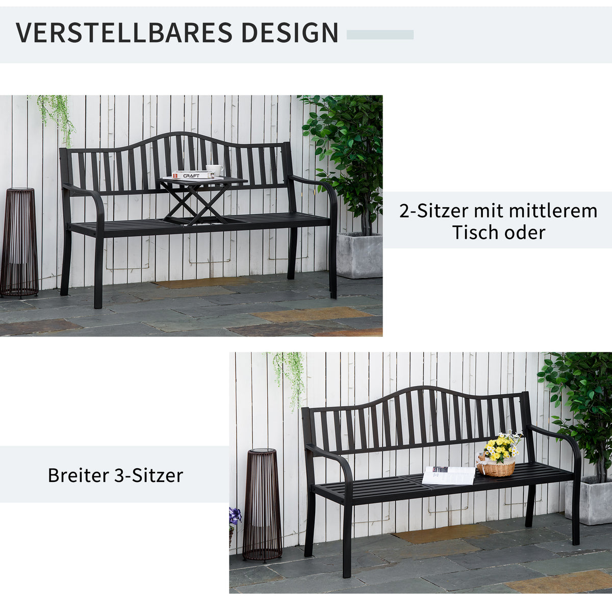 Outsunny 2-Sitzer Gartenbank robust Parkbank mit ausziehbarem Tisch Sitzbank Bank 240kg belastbar Terrassenbank mit Rücken- & Armlehnen Gartenmöbel für Terrasse, Garten 150 x 58,5 x 90 cm Schwarz
