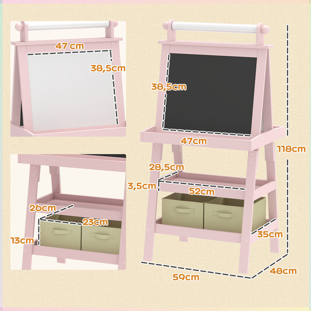 AIYAPLAY Kinder-Malständer 3-in-1 mit magnetischer weißer Tafel, Kreidetafel, Papierrolle, 2 Körben, 3-6 Jahre, Rosa