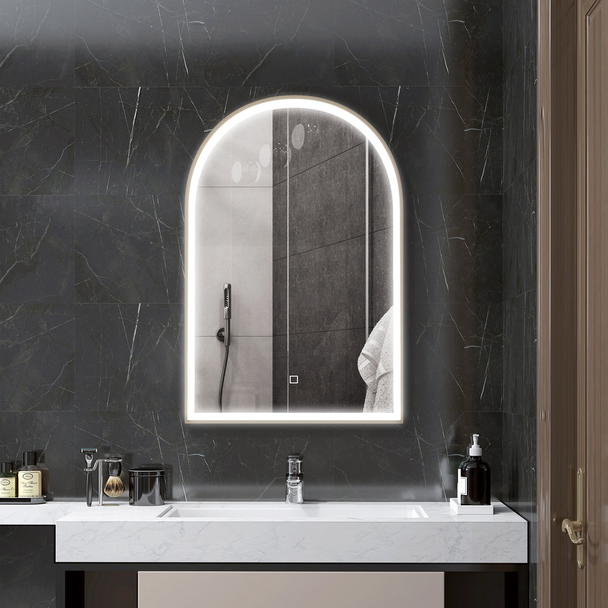 HOMCOM LED-Badezimmerspiegel 90 x 60cm, wandmontiert, 3 Farben, gewölbt, Aluminiumrahmen, Entfeuchtung und Touchschalter