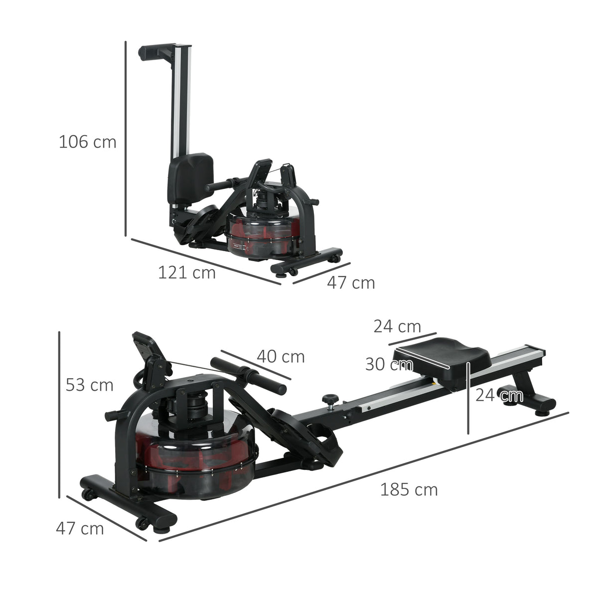 SPORTNOW Wasser-Rudergerät Heimtrainer 6 Widerstandsstufen LCD-Multifunktionsdisplay Stahl PC Schwarz
