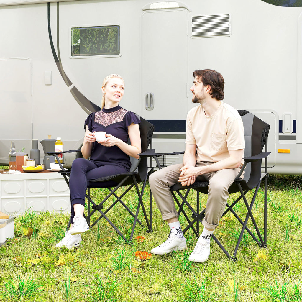 Outsunny Lot von 2 klappbaren Campingstühlen gepolstert mit hoher Rückenlehne und Getränkehalter, belastbar bis 120 kg, dunkelgrau