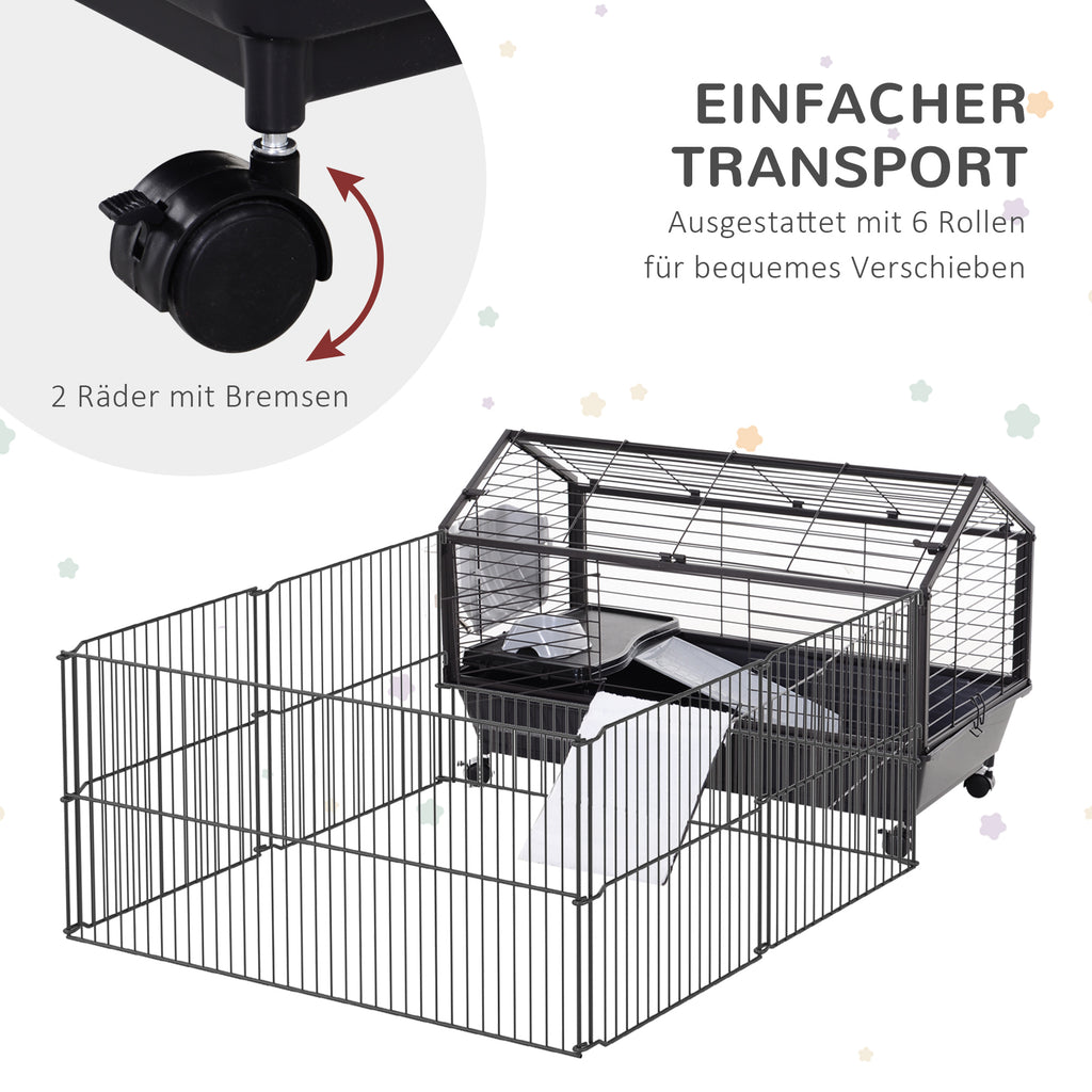 Pawhut Kleintierkäfig mit Freigehege inkl. Zubehör 88 cm x 128,5 cm x 56 cm  4 Rollen Schwarz Metall Polypropylen