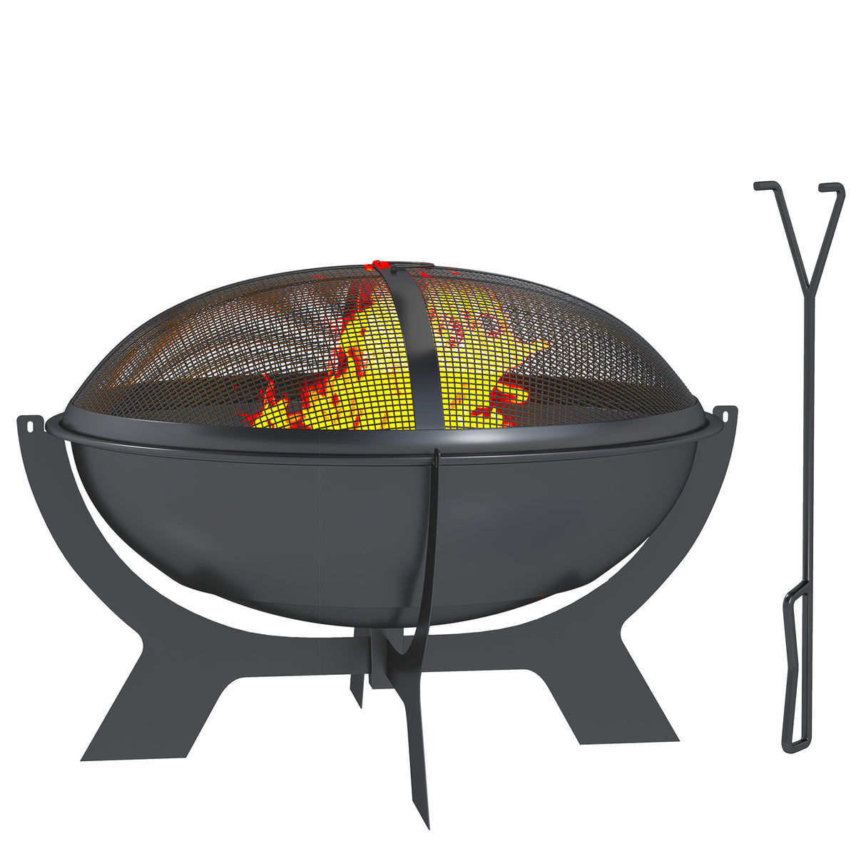 Outsunny Feuerschale Ø54x39cm aus Metall Rund Feuerstelle mit Funkenschutz Schürhaken Feuerkorb für Garten, Balkon Schwarz