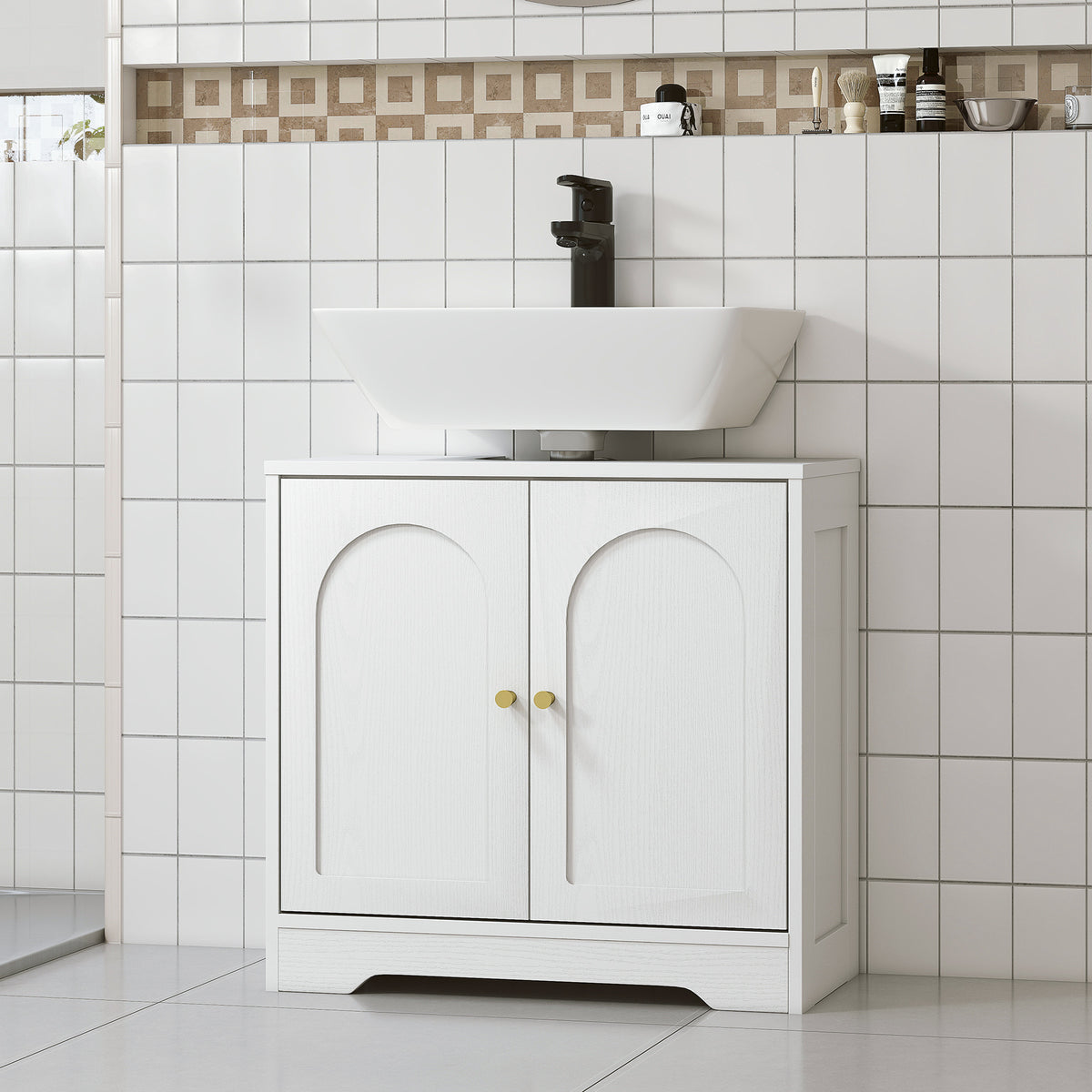 HOMCOM Waschtisch-Unterschrank Badezimmer mit Schrank mit Türen und höhenverstellbarem Regal, für Waschbecken mit oder ohne Sockel, weiß